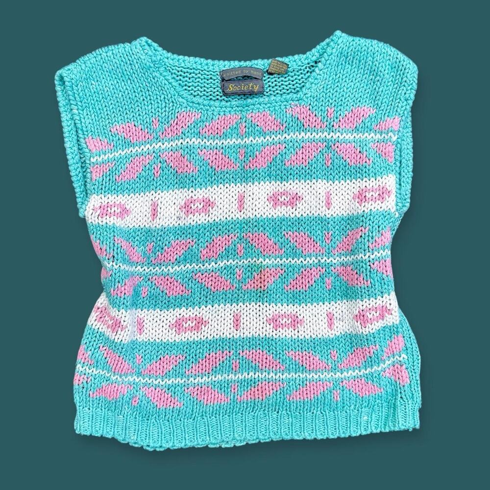 Vintage 90s Aqua Society Knit Sweater Vest Hand Knit Geometric Pattern